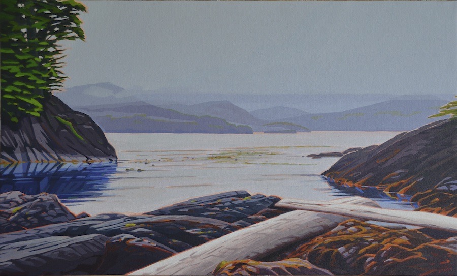 Calm Bay, SGang Gway, acrylic on canvas, 24” x 40”