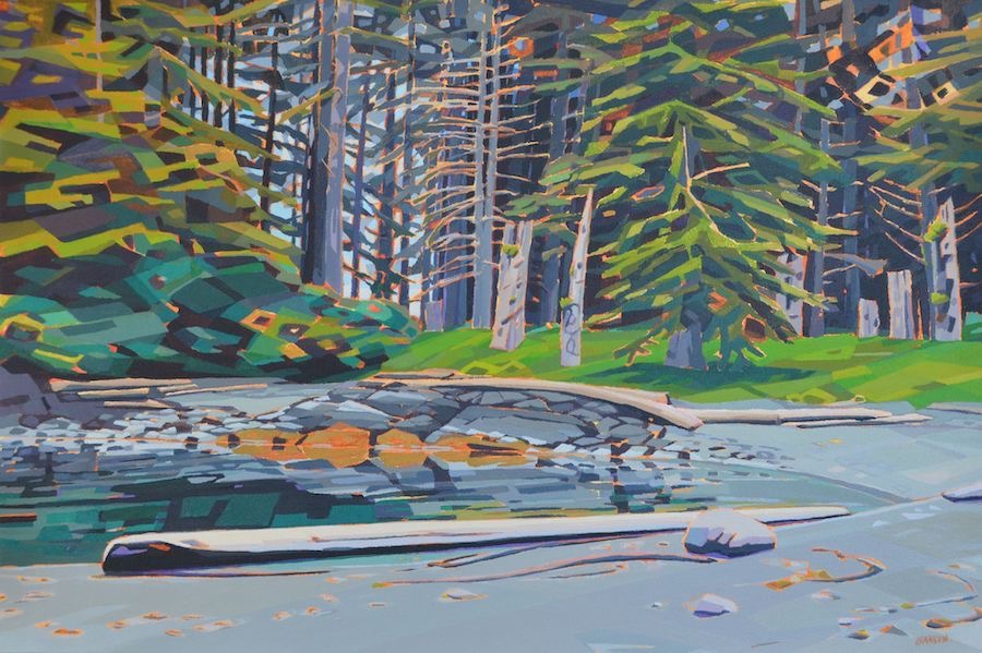 Driftwood and Totems, acrylic on canvas, 24” x 36”