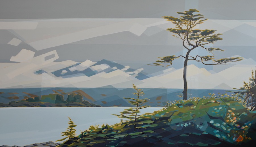 Sky House of SGang Gwaay, acrylic on canvas, 48” x 84”